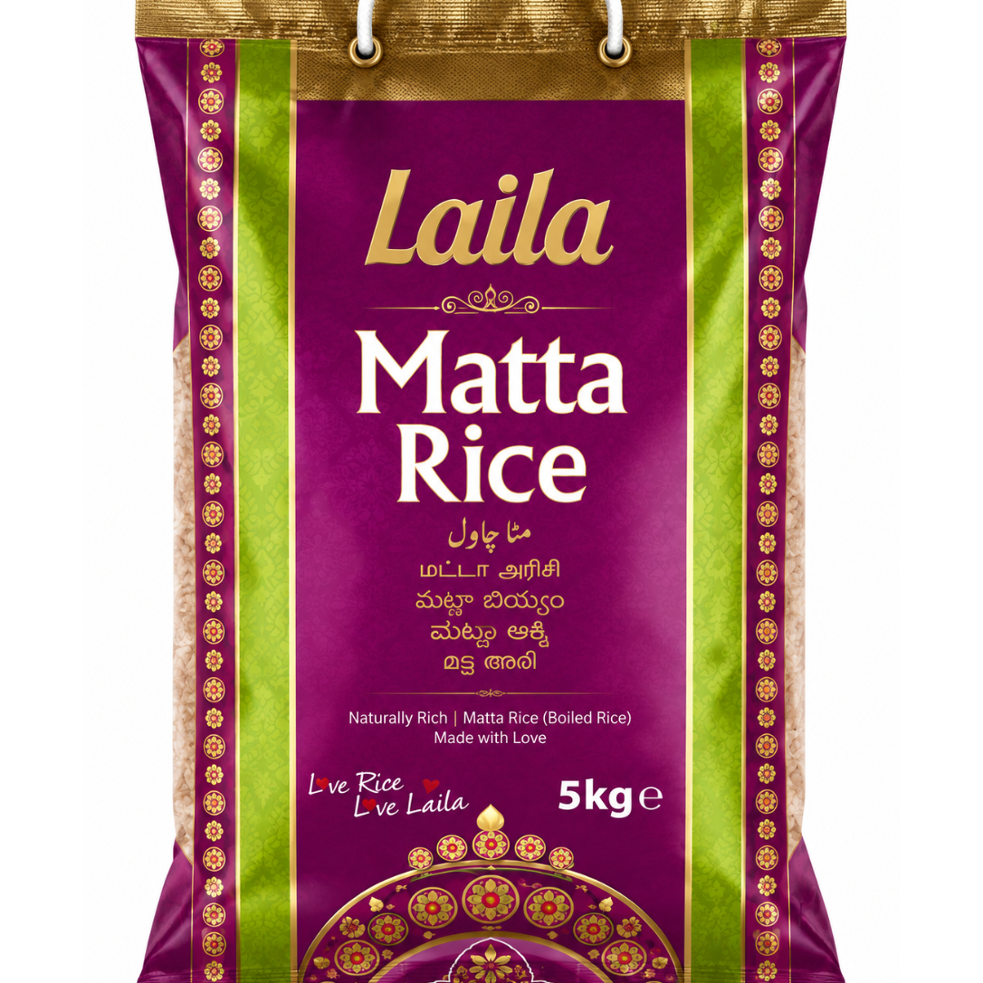 A 5kg bag of Laila Matta Rice, featuring a deep purple and green packaging design with gold accents and white text.