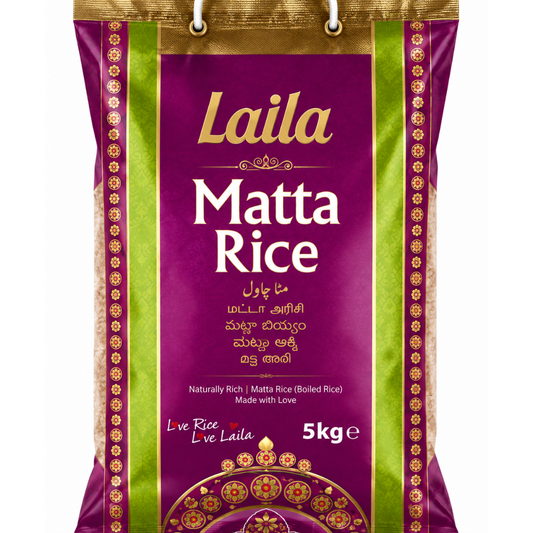 A 5kg bag of Laila Matta Rice, featuring a deep purple and green packaging design with gold accents and white text.