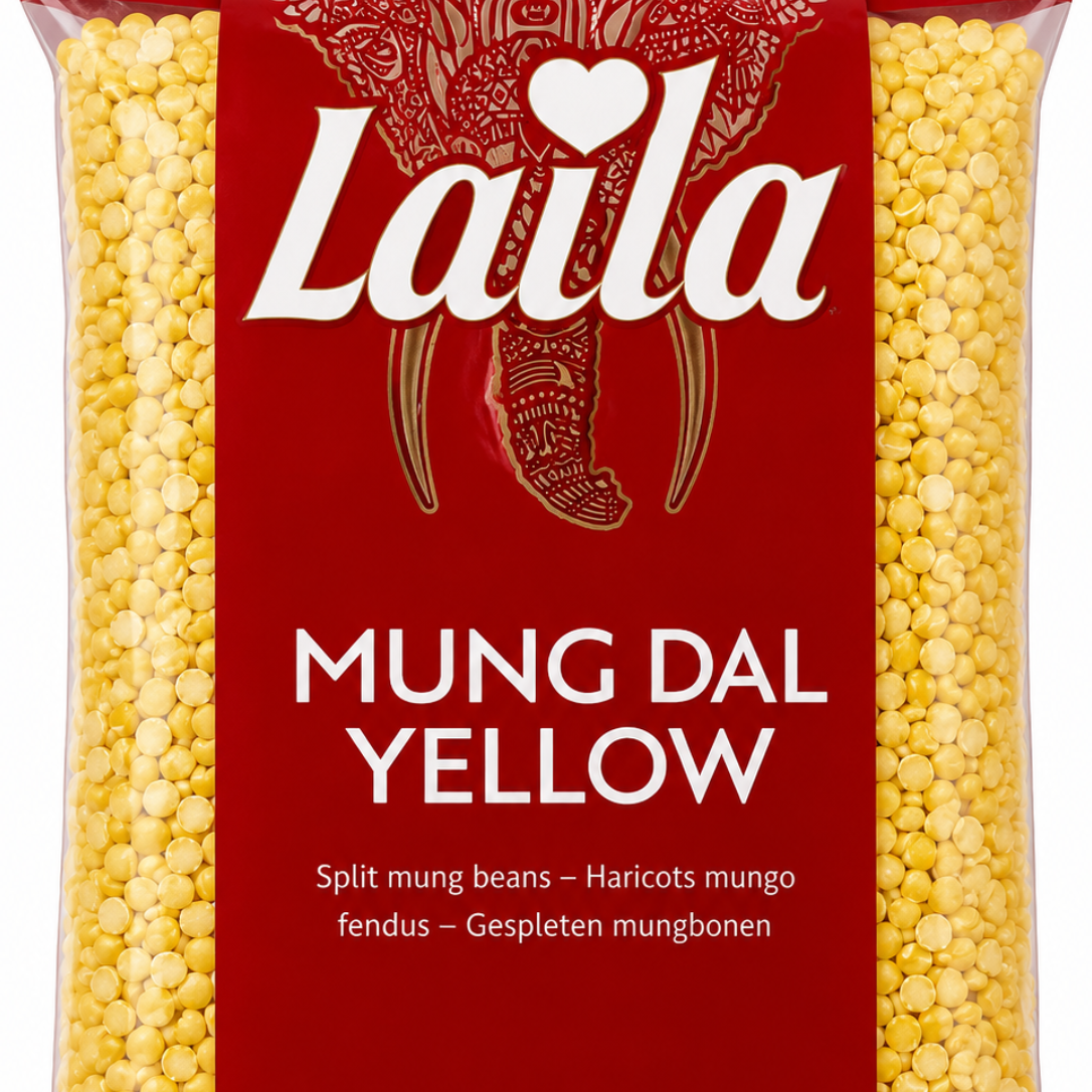 A 500g package of Laila Mung Dal Yellow split mung beans. The packaging features a deep red central label with the white Laila brand logo and an elephant graphic, flanked by clear plastic sides showing the yellow beans inside, set against a plain white background.