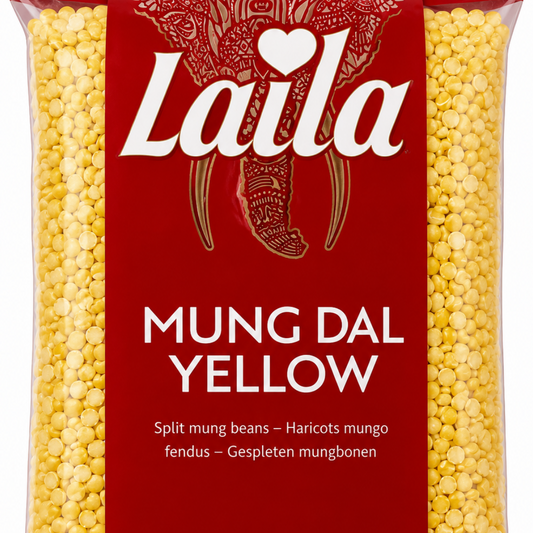 A 500g package of Laila Mung Dal Yellow split mung beans. The packaging features a deep red central label with the white Laila brand logo and an elephant graphic, flanked by clear plastic sides showing the yellow beans inside, set against a plain white background.