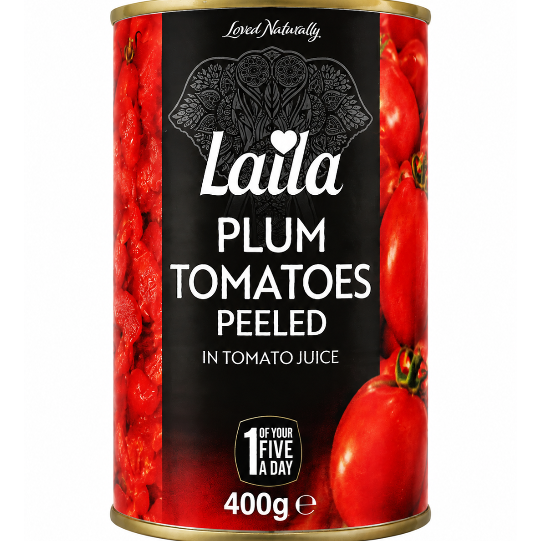 A 400g can of Laila Plum Tomatoes Peeled in Tomato Juice, featuring a black label with white text and red tomato imagery on the sides, set against a plain white background.