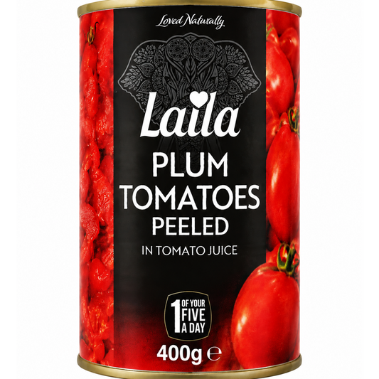 A 400g can of Laila Plum Tomatoes Peeled in Tomato Juice, featuring a black label with white text and red tomato imagery on the sides, set against a plain white background.