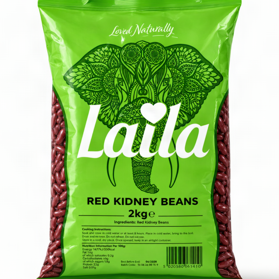 A 2kg bag of Laila Red Kidney Beans, featuring a bright green bag with a large decorative elephant graphic and the brand name 'Laila' in white. Red kidney beans are visible through clear side windows on the left and right.