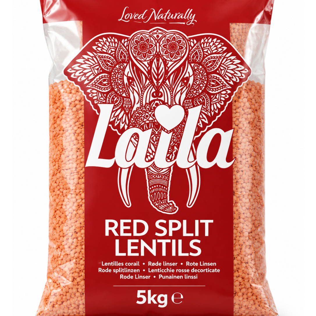 A 5kg bag of Laila Red Split Lentils, featuring a red package with a white elephant graphic and clear sides showing the lentils inside.