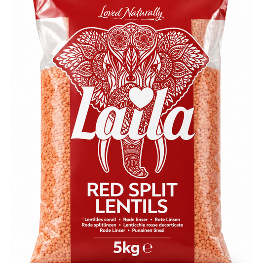 A 5kg bag of Laila Red Split Lentils, featuring a red package with a white elephant graphic and clear sides showing the lentils inside.