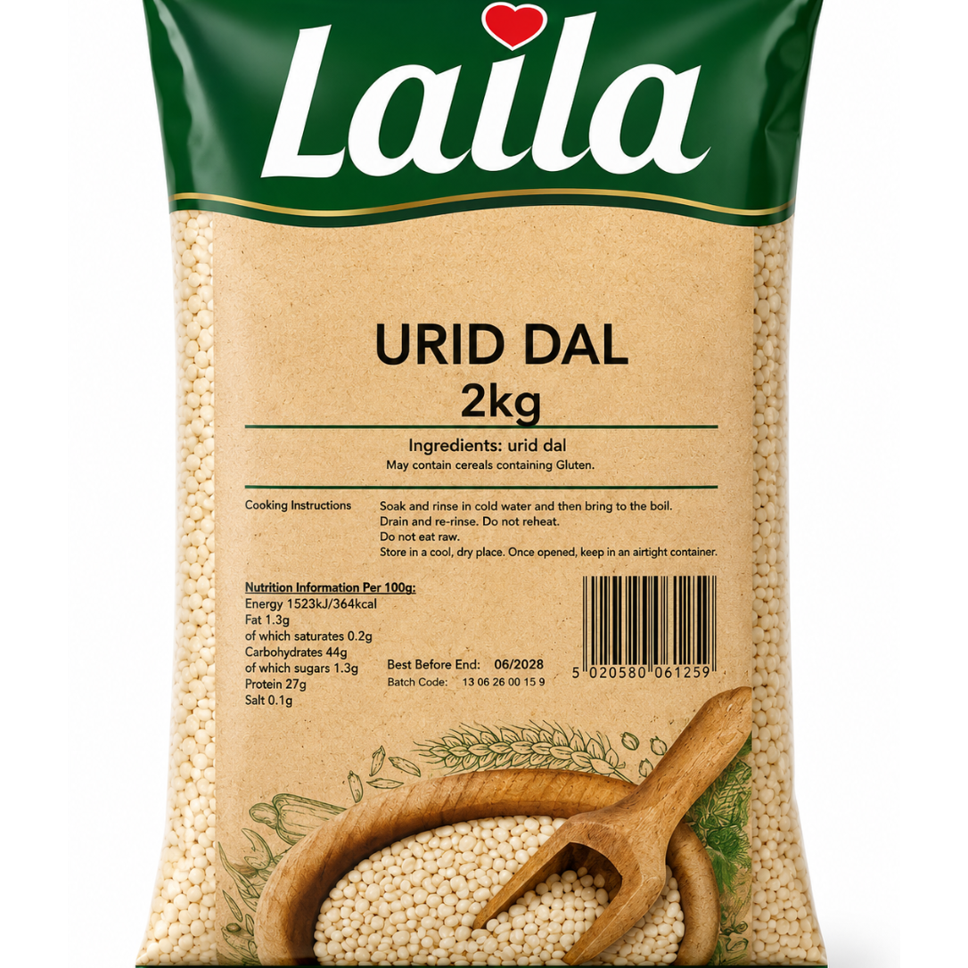 A 2kg bag of Laila Urid Dal, featuring a green and beige packaging design with a wooden spoon graphic and a barcode, set against a plain white background.