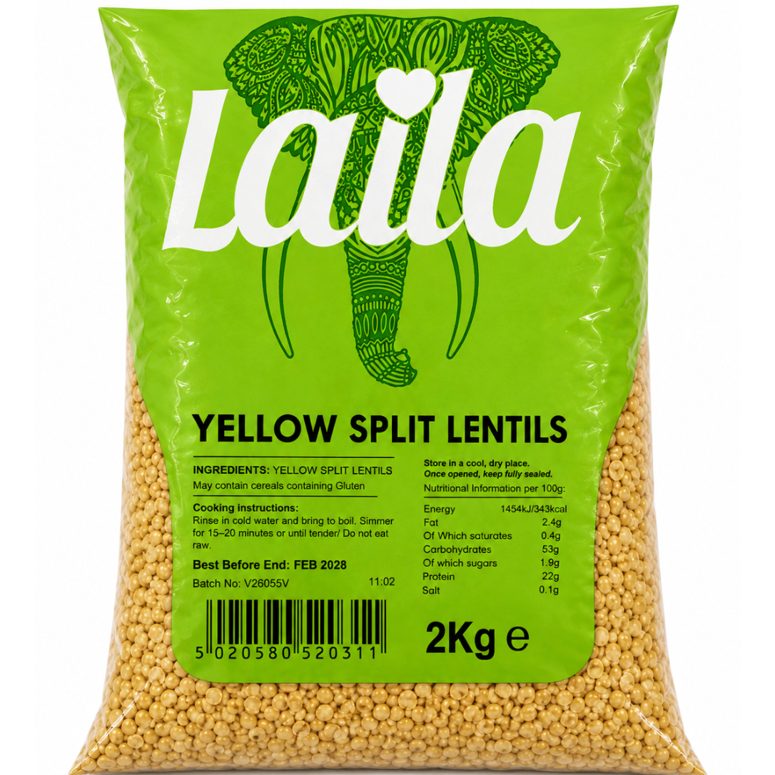 A 2kg bag of Laila Yellow Split Lentils, featuring a bright green bag with a large white 'Laila' logo and an elephant graphic, with the lentils visible through the transparent lower section.