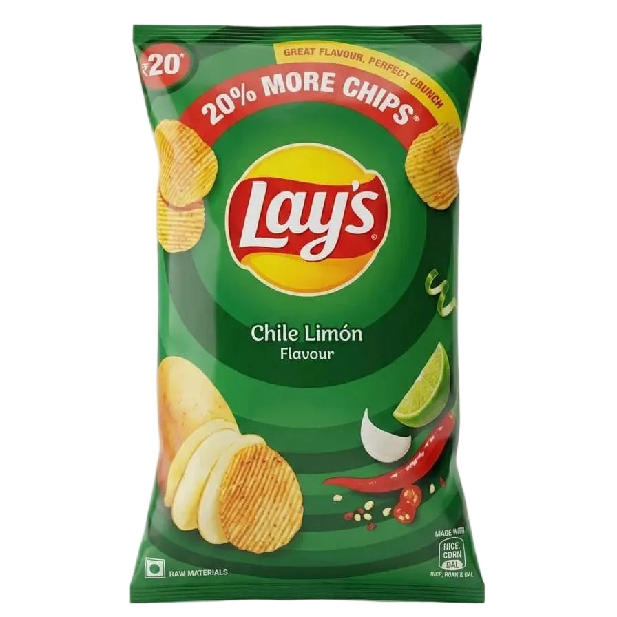 A bag of Lay's Chile Limón Flavour potato chips on a light gray background. The packaging is predominantly green with the yellow and red Lay's logo in the center, and illustrations of potato chips, lime, garlic, and chili peppers.