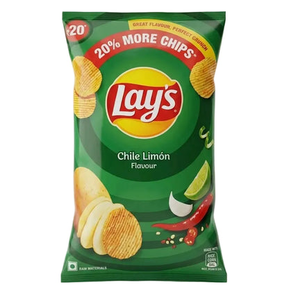 A bag of Lay's Chile Limón Flavour potato chips on a light gray background. The packaging is predominantly green with the yellow and red Lay's logo in the center, and illustrations of potato chips, lime, garlic, and chili peppers.