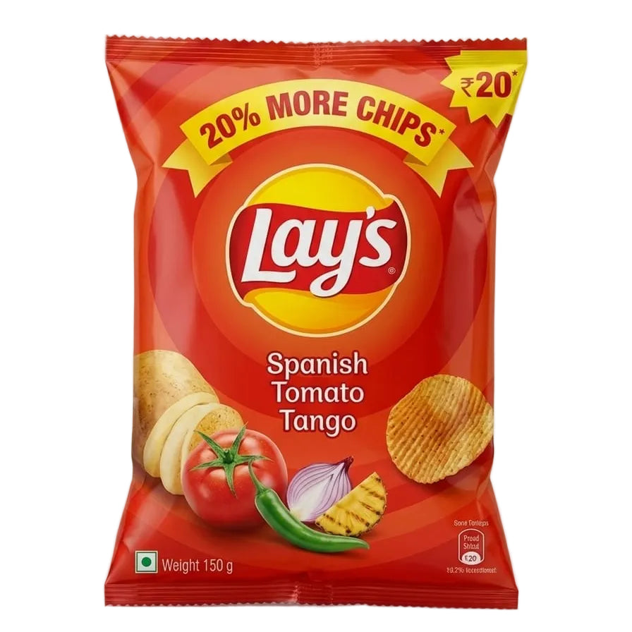 A 150 g bag of Lay's Spanish Tomato Tango potato chips on a light gray background. The packaging is predominantly red with yellow accents, featuring the Lay's logo, a '20% MORE CHIPS' banner, and illustrations of a potato, tomato, chili, onion, and crinkle chips.