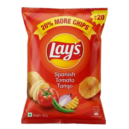 A 150 g bag of Lay's Spanish Tomato Tango potato chips on a light gray background. The packaging is predominantly red with yellow accents, featuring the Lay's logo, a '20% MORE CHIPS' banner, and illustrations of a potato, tomato, chili, onion, and crinkle chips.