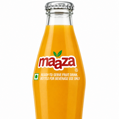 A glass bottle of Maaza ready-to-serve fruit drink filled with bright orange juice, featuring the red and green Maaza logo on the front, set against a plain white background.