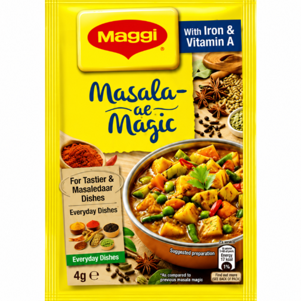 A 4g packet of Maggi Masala Magic Everyday Dish seasoning mix, featuring its signature bright yellow packaging with the red Maggi logo and an image of a prepared curry dish.