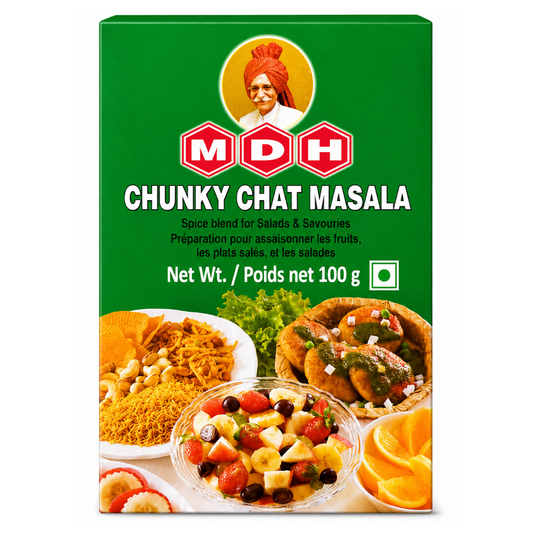 MDH Chunky Chat Masala spice blend packaging box, 100g. The box is predominantly green with the MDH logo in red and white, and features images of various Indian dishes and a bowl of fresh fruit salad to illustrate how the spice blend enhances flavors.