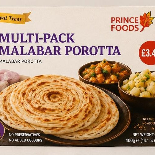 A box of Prince Foods Multi-Pack Malabar Porotta, featuring a large stack of flatbreads on the front, with bowls of prepared porotta dishes and garlic bulbs pictured. The packaging is cream-colored with purple text and red and yellow accents.