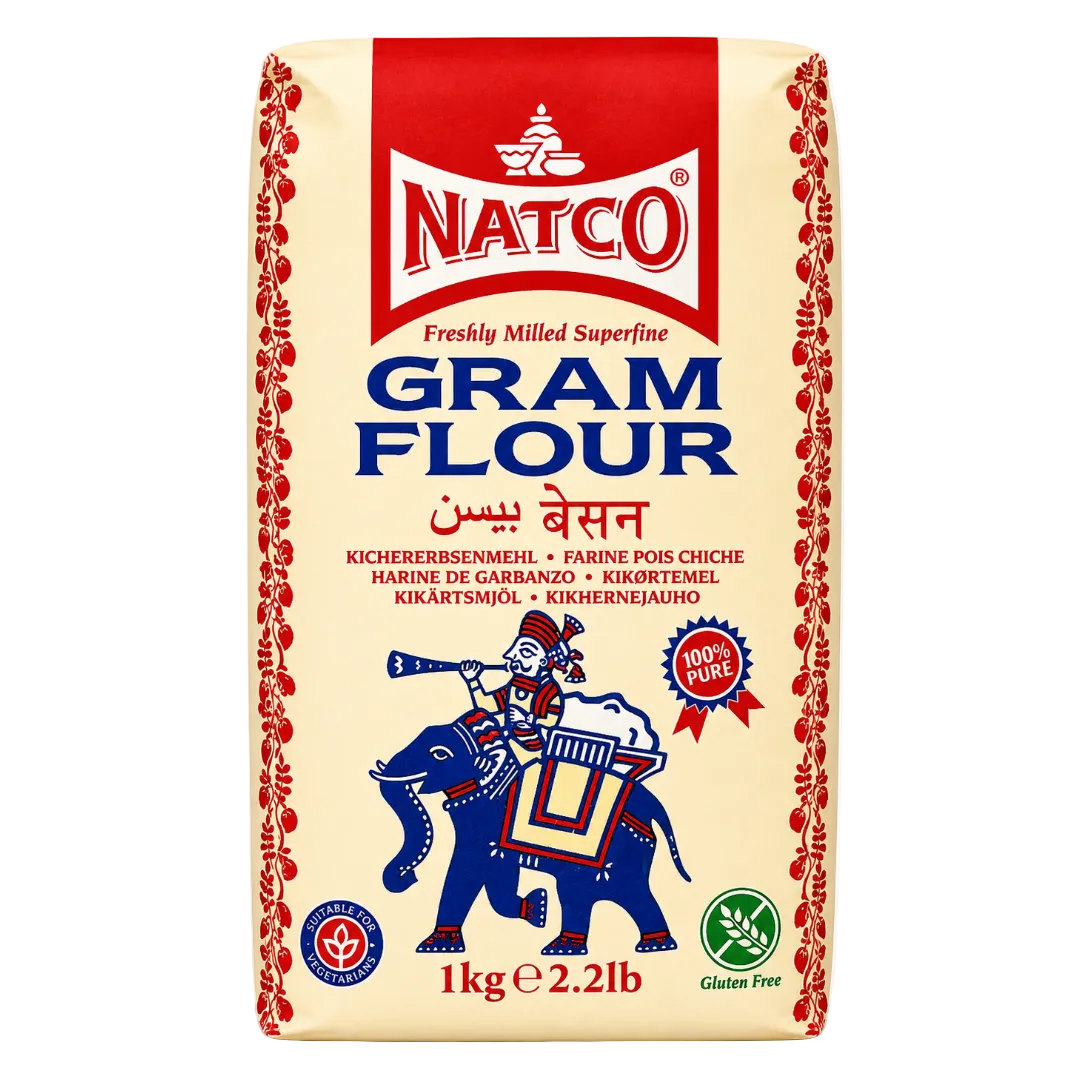 A 1kg bag of Natco Freshly Milled Superfine Gram Flour, featuring a cream-colored bag with red and blue text and illustrations of a rider on an elephant.