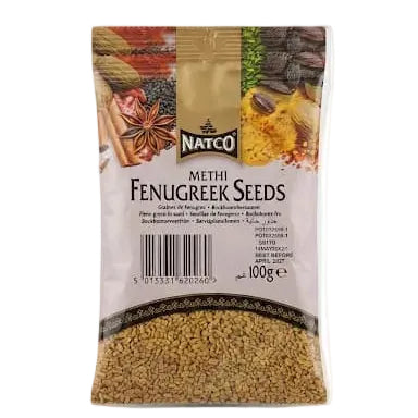 A 100g bag of Natco Methi Fenugreek Seeds, featuring a white and beige label with illustrations of spices and a clear lower section showing the golden-brown seeds inside.