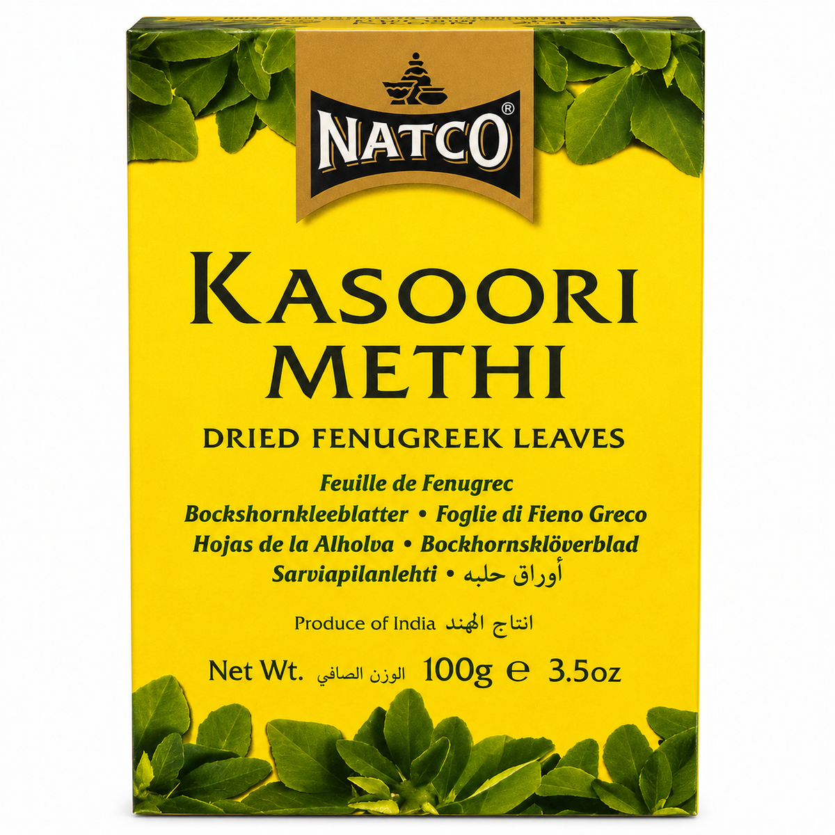 A box of NATCO Kasoori Methi dried fenugreek leaves, featuring a bright yellow background with green leaf illustrations at the top and bottom, and black text.