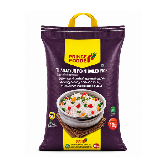A 10kg bag of Prince Foods Thanjavur Ponni Boiled Rice, featuring a deep purple bag with a bright yellow top panel and handle, and a photo of the prepared rice in a bowl on the front.
