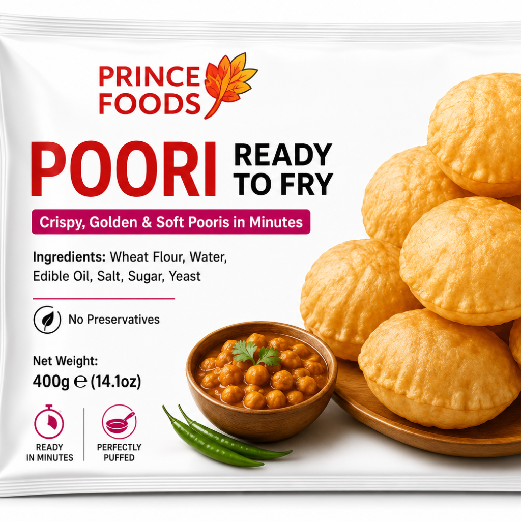 A package of Prince Foods Poori Ready to Fry, showing 20 pieces of golden-brown fried dough balls on the front of the white bag, alongside a small bowl of chutney and green chilies.
