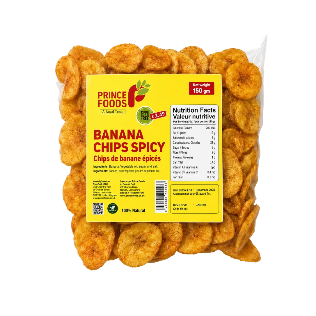 A clear plastic bag of Prince Foods Banana Chips Spicy snack chips, showing the golden-brown round chips inside with a bright yellow label on a white background.