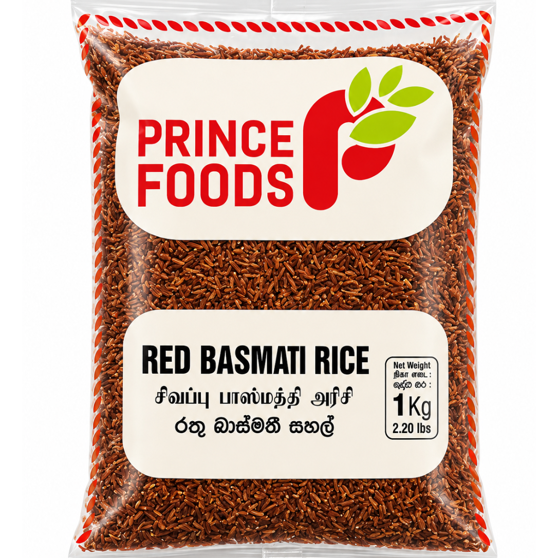 A 1 kg bag of Prince Foods Red Basmati Rice, showing the brown rice grains through a clear plastic packaging with a white and red label.