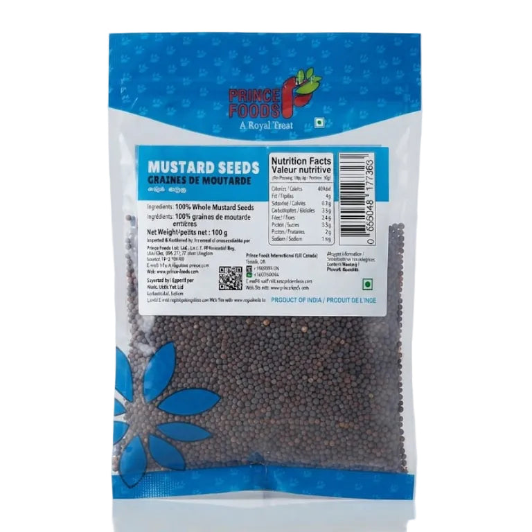 A 100g bag of Royal Royal Pride Mustard Seeds (Garibi de Moutarde) on a light gray background. The packaging features a blue header and bottom, a white central label with black text and a barcode, and a blue floral pattern near the bottom left.
