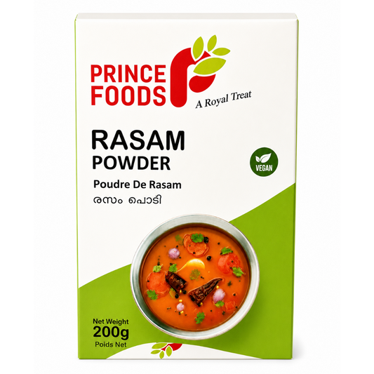 A 200g box of Prince Foods Rasam Powder, featuring a white and green packaging design with a bowl of prepared rasam soup pictured on the front.
