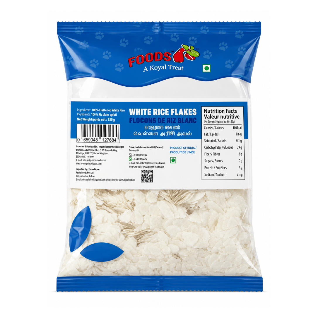 A bag of White Rice Flakes by Foods A Koyal Treat, featuring a blue and white packaging design with a clear lower section showing the white rice flakes inside.