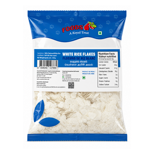 A bag of White Rice Flakes by Foods A Koyal Treat, featuring a blue and white packaging design with a clear lower section showing the white rice flakes inside.