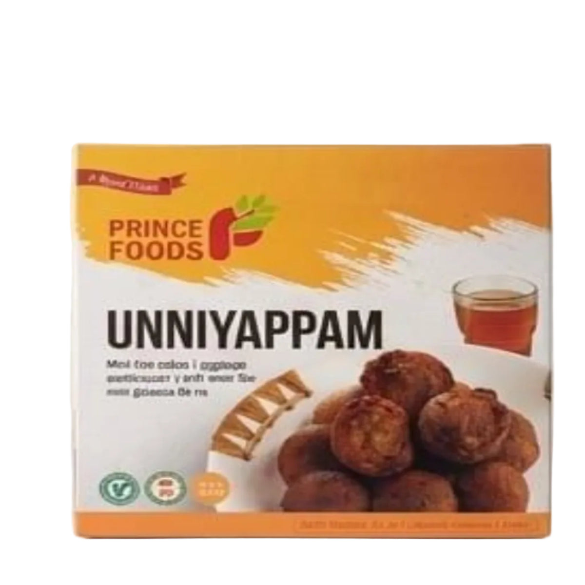 A box of Prince Foods Unniyappam, featuring orange and white packaging with a photo of the brown fried snacks and a glass of tea.