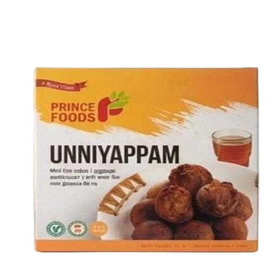 A box of Prince Foods Unniyappam, featuring orange and white packaging with a photo of the brown fried snacks and a glass of tea.