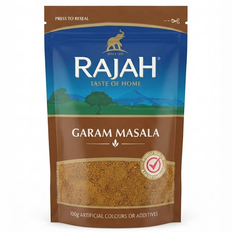 A stand-up pouch of Rajah Garam Masala spice mix on a plain white background. The packaging is brown and blue with a scenic landscape graphic, featuring the Rajah brand logo and a clear window showing the brown spice powder inside.