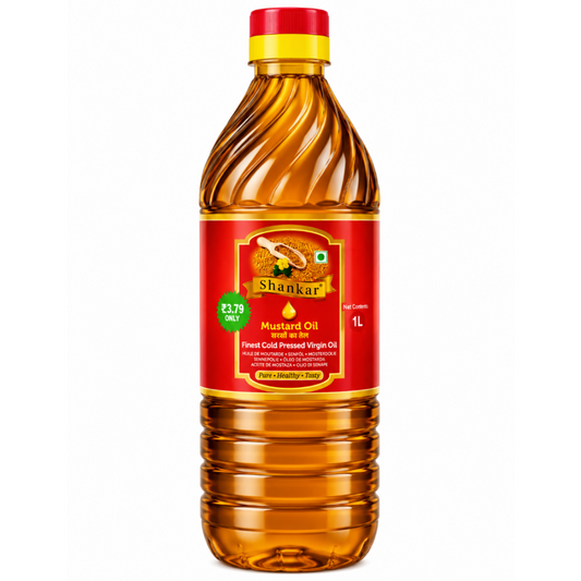 A 1-liter plastic bottle of Shankar Mustard Oil with a red cap and a red label, shown on a plain white background.