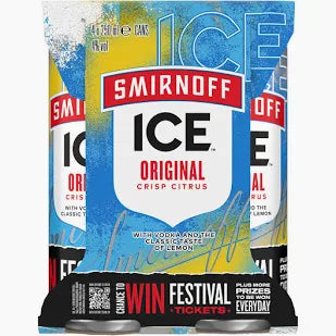 A pack of Smirnoff Ice Original Crisp Citrus beer cans, featuring a vibrant blue and yellow label with a red Smirnoff logo, shown against a white background.