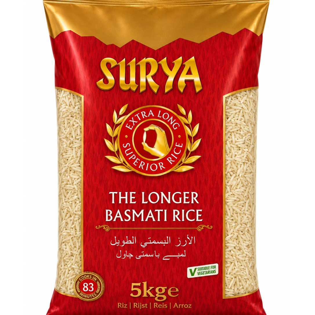 A 5kg bag of Surya Extra Long Superior Basmati Rice, featuring a red and gold packaging design with clear side panels showing the rice grains inside.