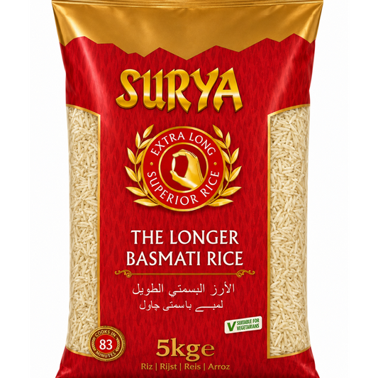 A 5kg bag of Surya Extra Long Superior Basmati Rice, featuring a red and gold packaging design with clear side panels showing the rice grains inside.
