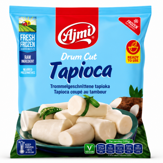 A package of Ajmi Fresh Frozen Tapioca Drum Cut, featuring a bright blue bag with a red brand logo, product details, and an image of the cut tapioca pieces on a plate.