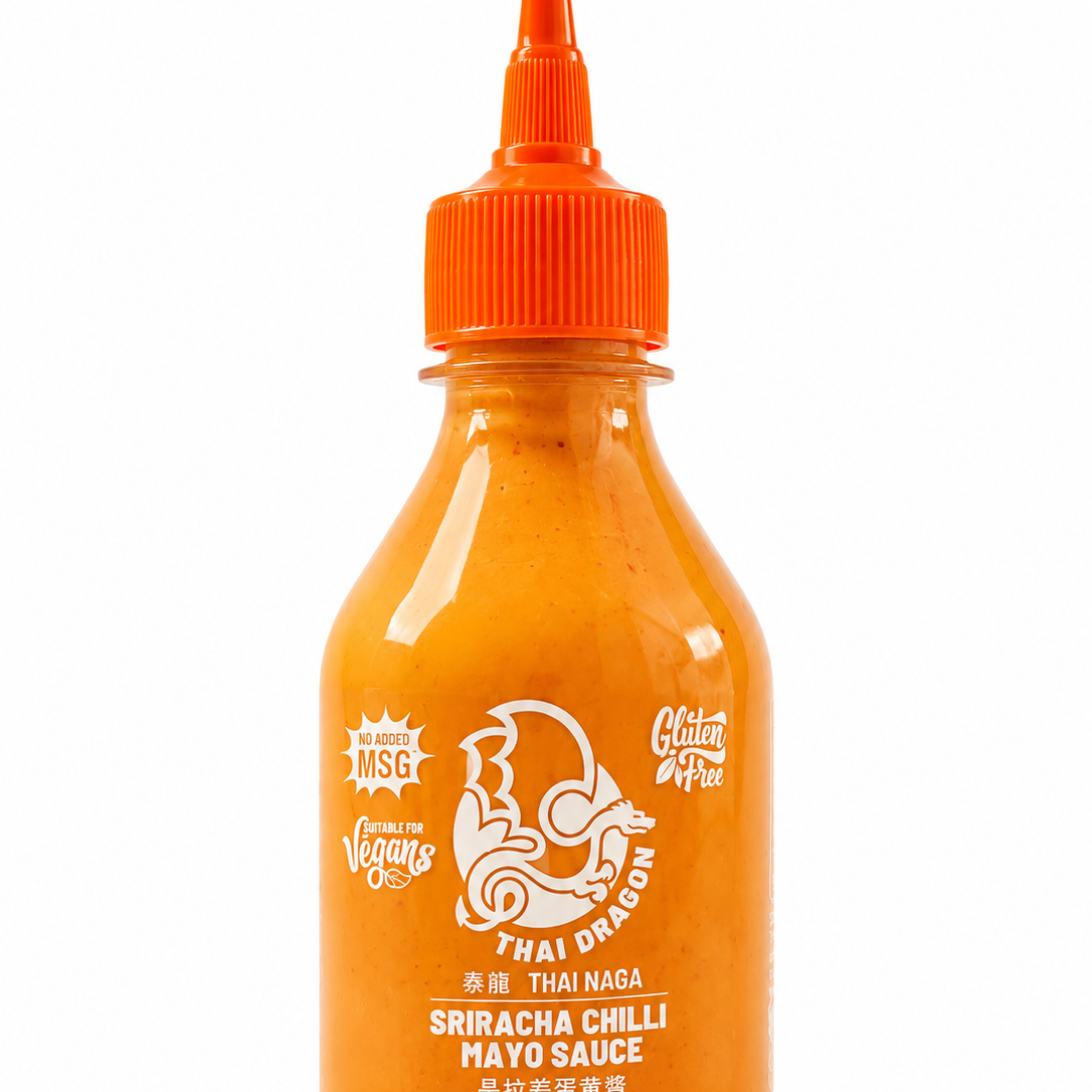 A 200ml squeeze bottle of Thai Dragon Sriracha Chilli Mayo Sauce on a clean white background. The bottle is filled with bright orange sauce and features a matching orange cap, with white text and logo detailing the brand and product type.