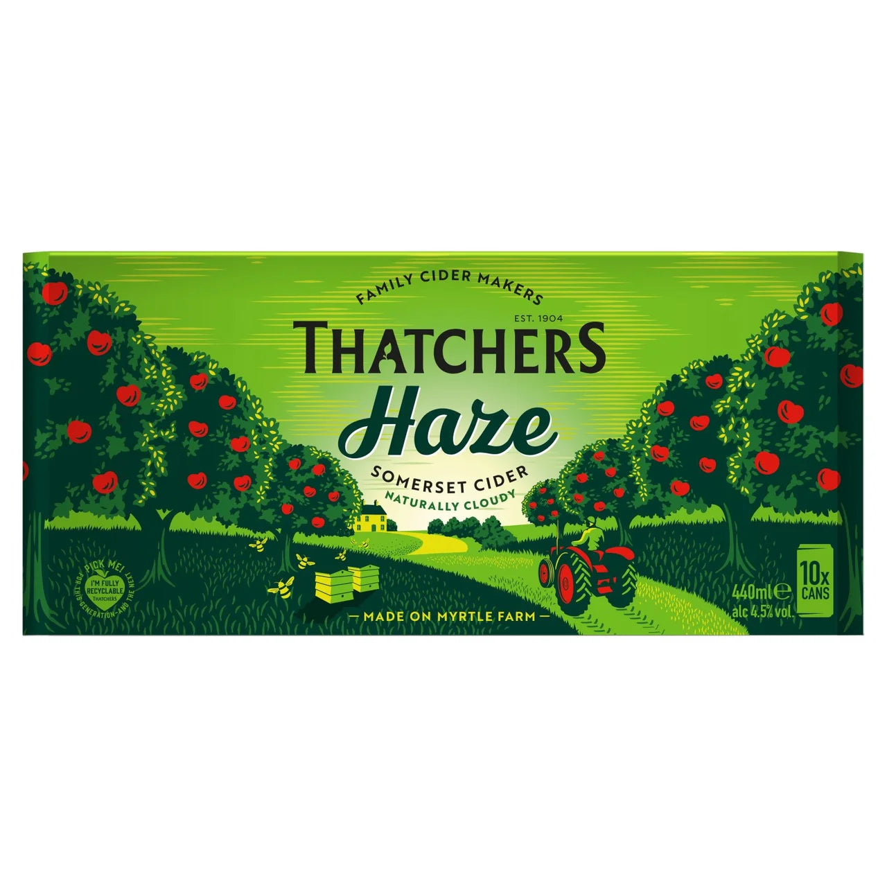 Thatchers Haze cider packaging with apple trees and a tractor on a green background