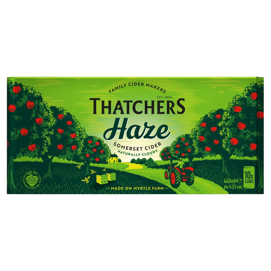 Thatchers Haze cider packaging with apple trees and a tractor on a green background