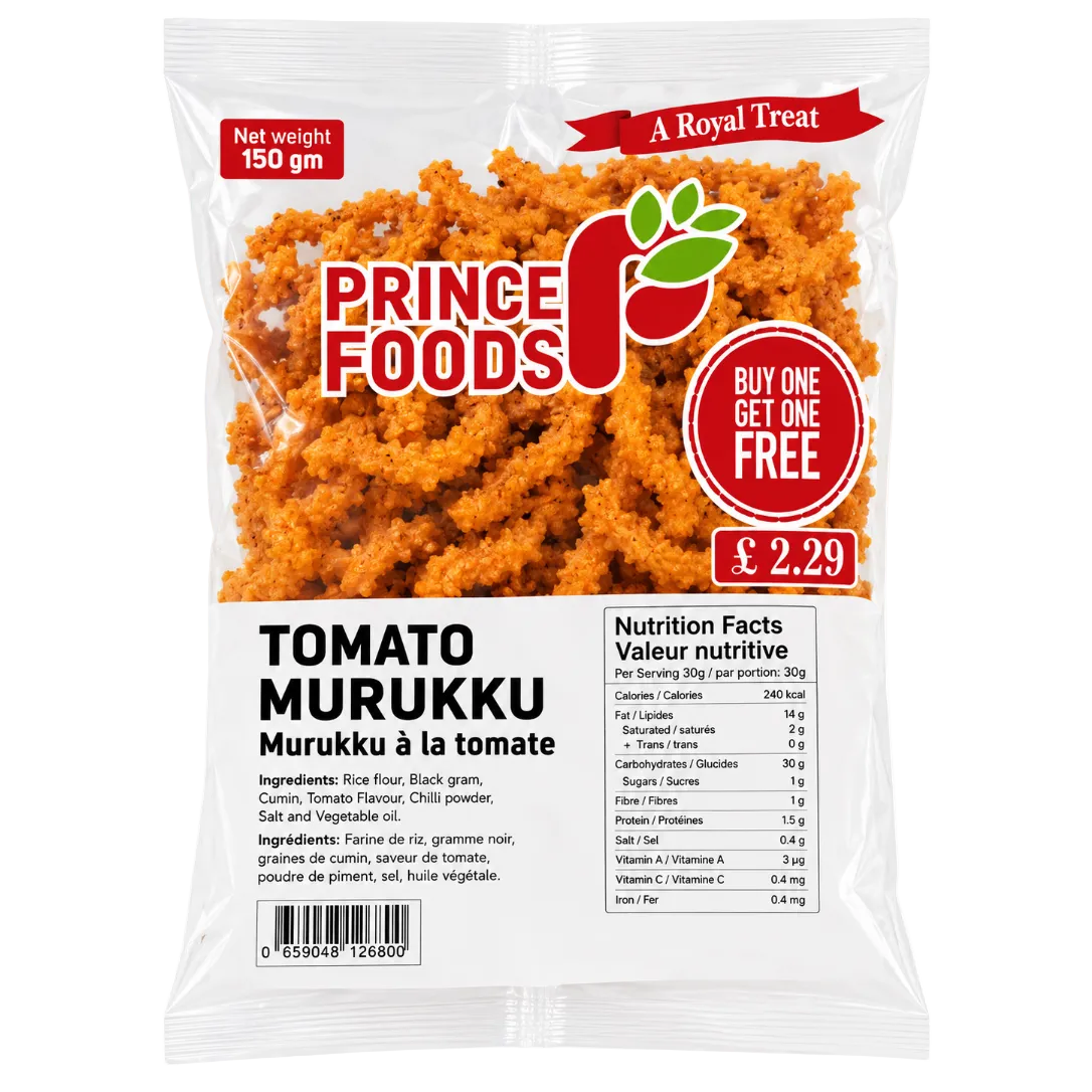 A bag of Prince Foods Tomato Murukku, a Royal Treat. The clear plastic packaging shows the golden-brown, crispy fried fish and rice pieces inside.