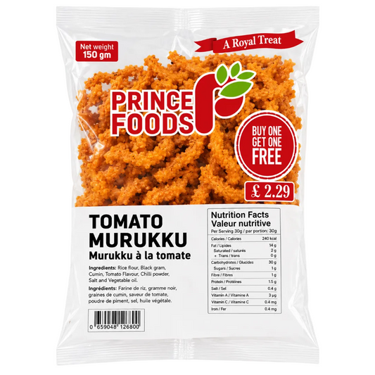 A bag of Prince Foods Tomato Murukku, a Royal Treat. The clear plastic packaging shows the golden-brown, crispy fried fish and rice pieces inside.