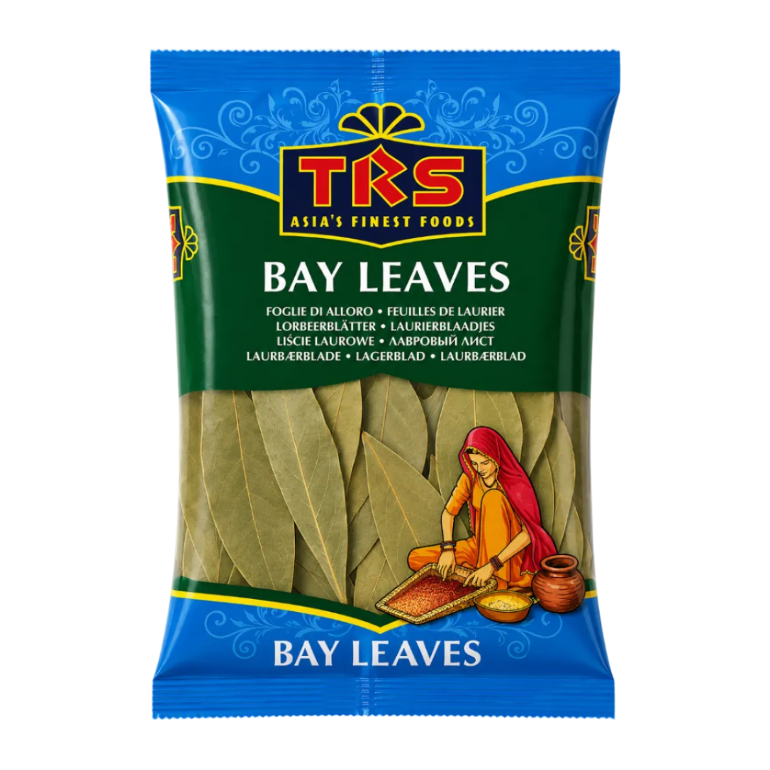 A package of TRS Bay Leaves, featuring a blue and green wrapper with the brand logo 'TRS' at the top and an illustration of a woman preparing spices at the bottom.