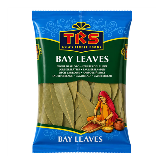 A package of TRS Bay Leaves, featuring a blue and green wrapper with the brand logo 'TRS' at the top and an illustration of a woman preparing spices at the bottom.