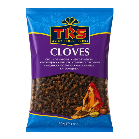 A 50g bag of TKS Cloves, featuring a blue and purple package with a clear window showing whole cloves inside, and a traditional illustration of a woman preparing spices.