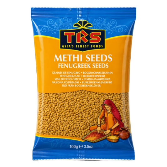A 100g bag of TKS Methi Seeds (Fenugreek Seeds) from Asia's Finest Foods, featuring a blue and yellow packaging design with a clear window showing the seeds inside.