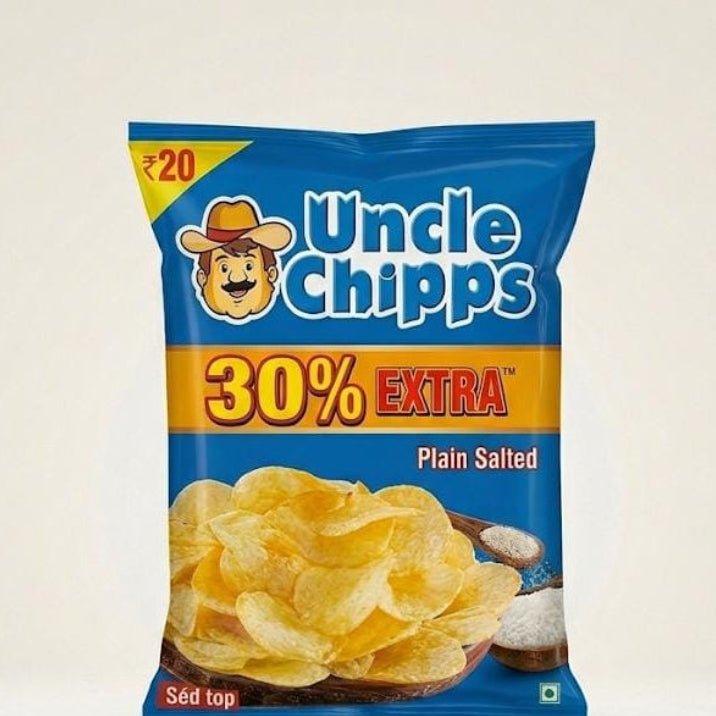 A bag of Uncle Chipps 30% Extra Plain Salted potato chips, featuring the brand's mascot and a yellow '30% EXTRA' banner on a blue background.