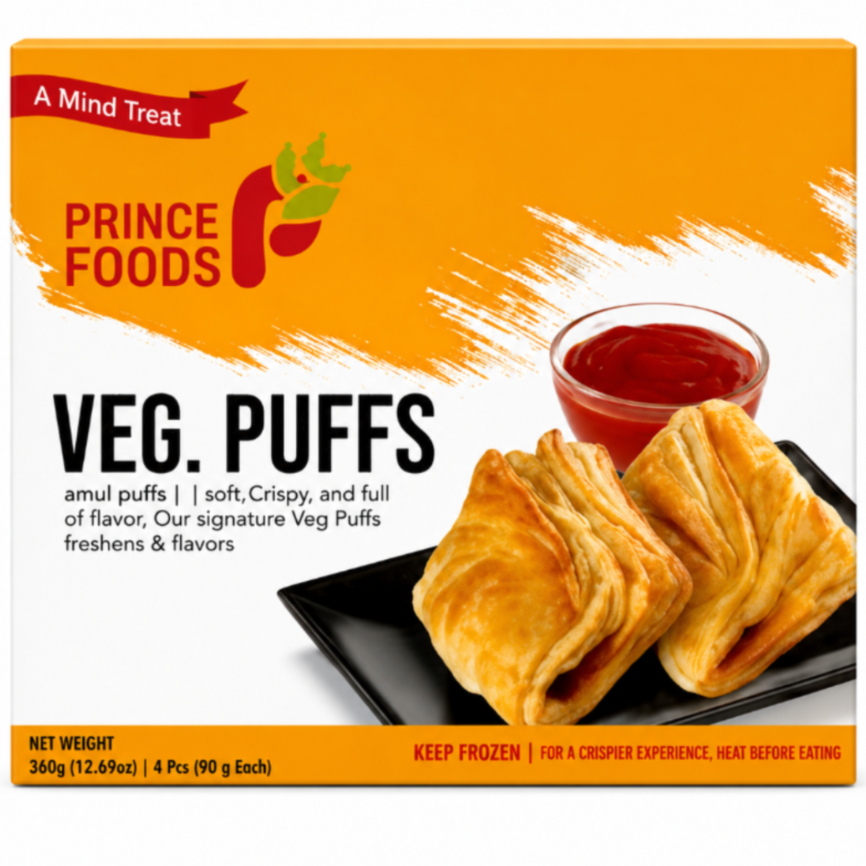 A box of Prince Foods Veg. Puffs, featuring a bright orange and white design with a photo of golden-brown amul puffs on a black plate next to a small bowl of red chutney.