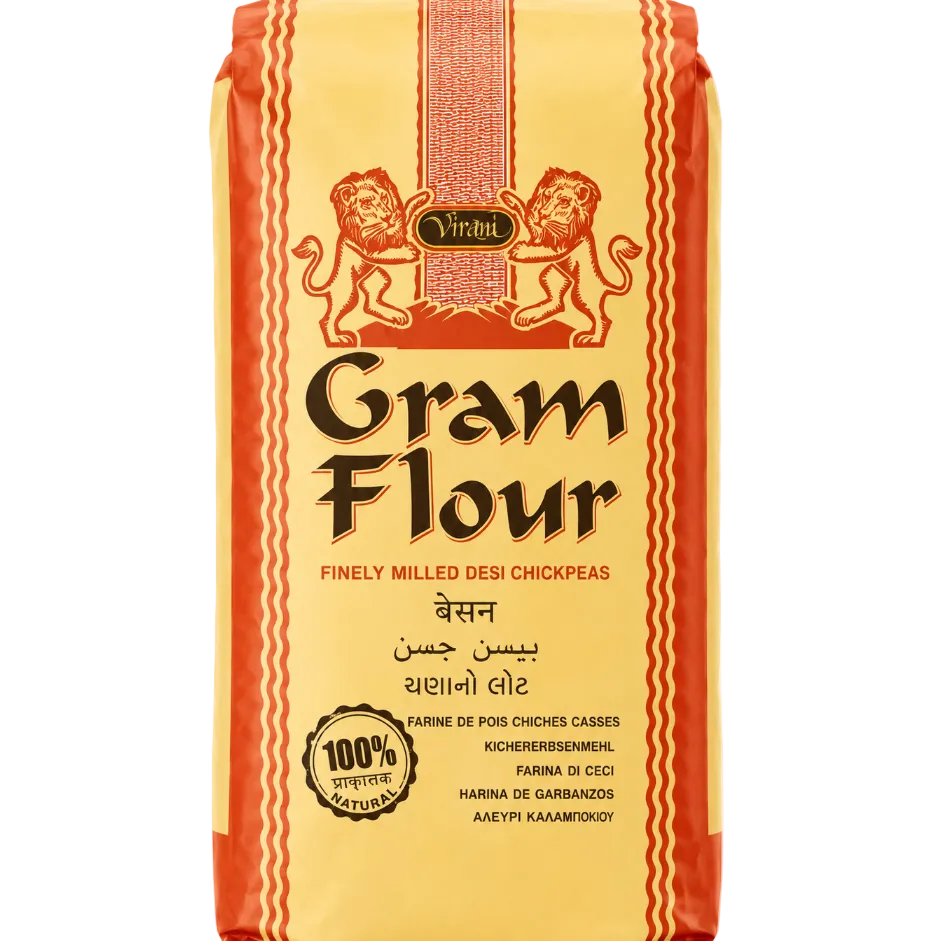 A bag of Virma Gram Flour (finely milled desi chickpea flour) on a plain white background. The packaging is primarily yellow with orange-red wavy borders and features the Virma brand logo with lions.